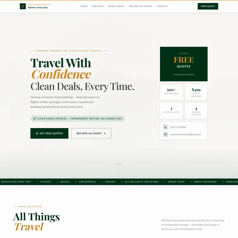 The Marrow Arrow Line Clean Hands Travels website, built by Northfolk