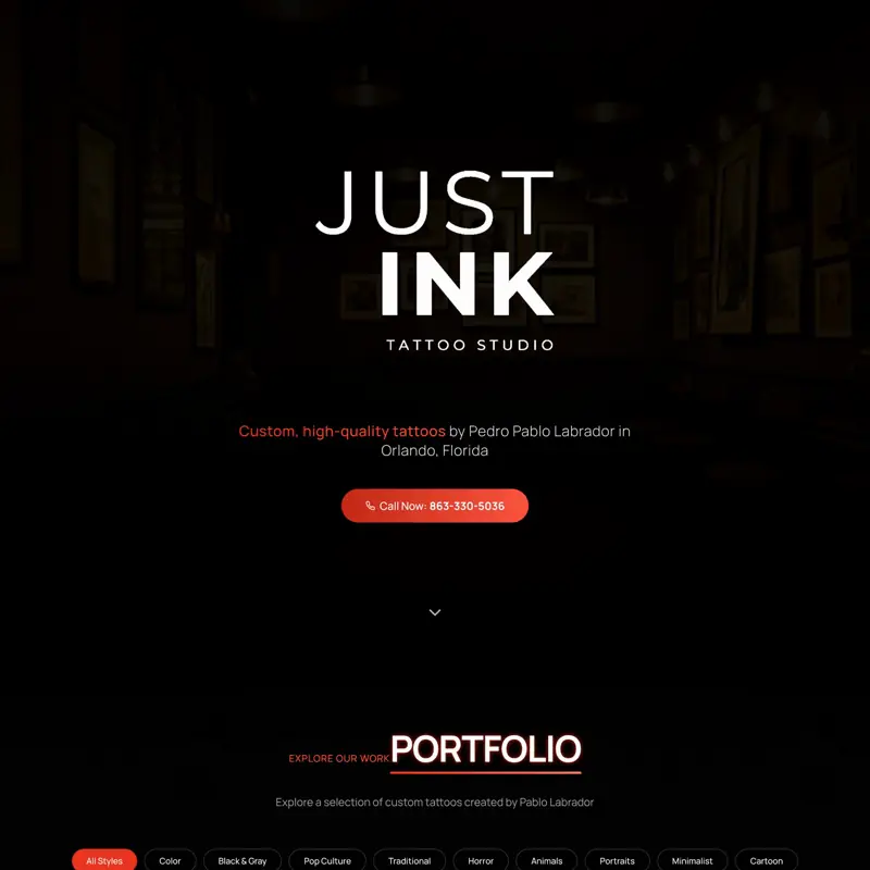 The Just Ink website, built by Northfolk