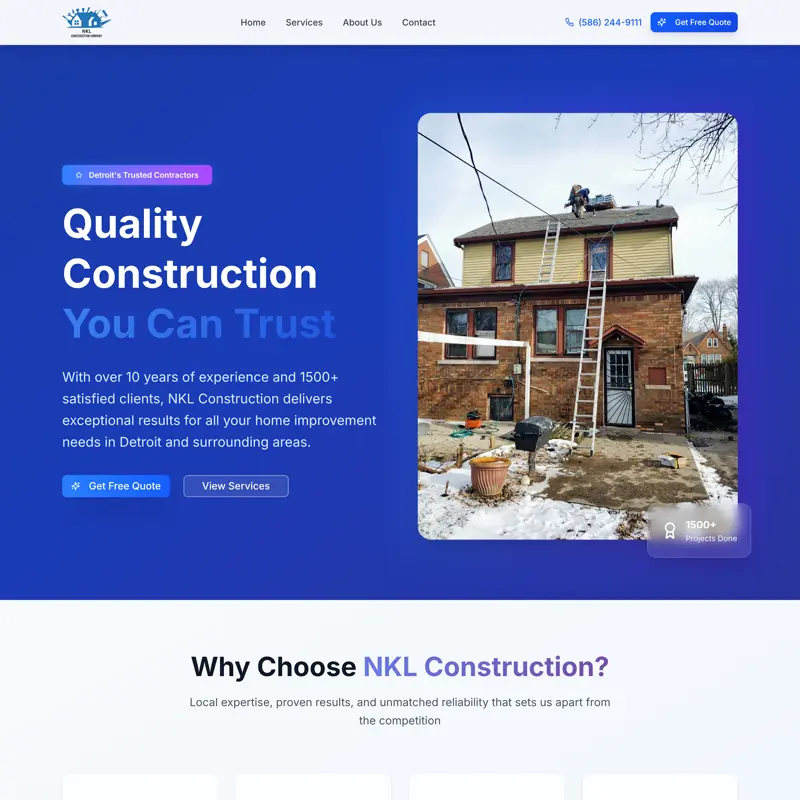 The NKL Construction website, built by Northfolk