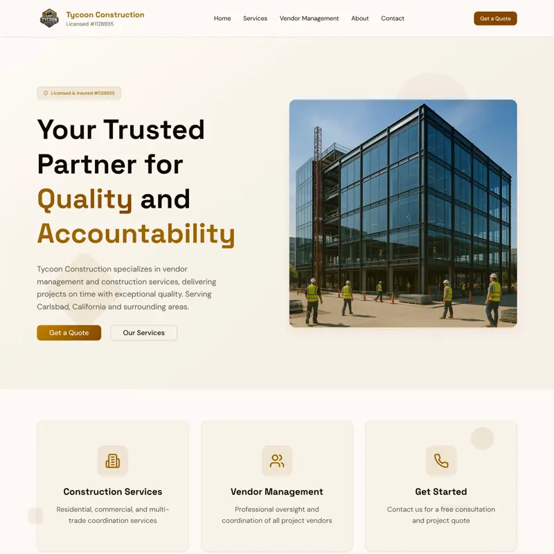 The Tycoon Construction website, built by Northfolk