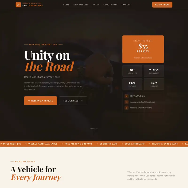 The Unity Car Rentals website, built by Northfolk